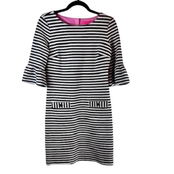 Lilly Pulitzer Alden Black and White Striped Bell Sleeve Dress Gold Button XS - Picture 1 of 6